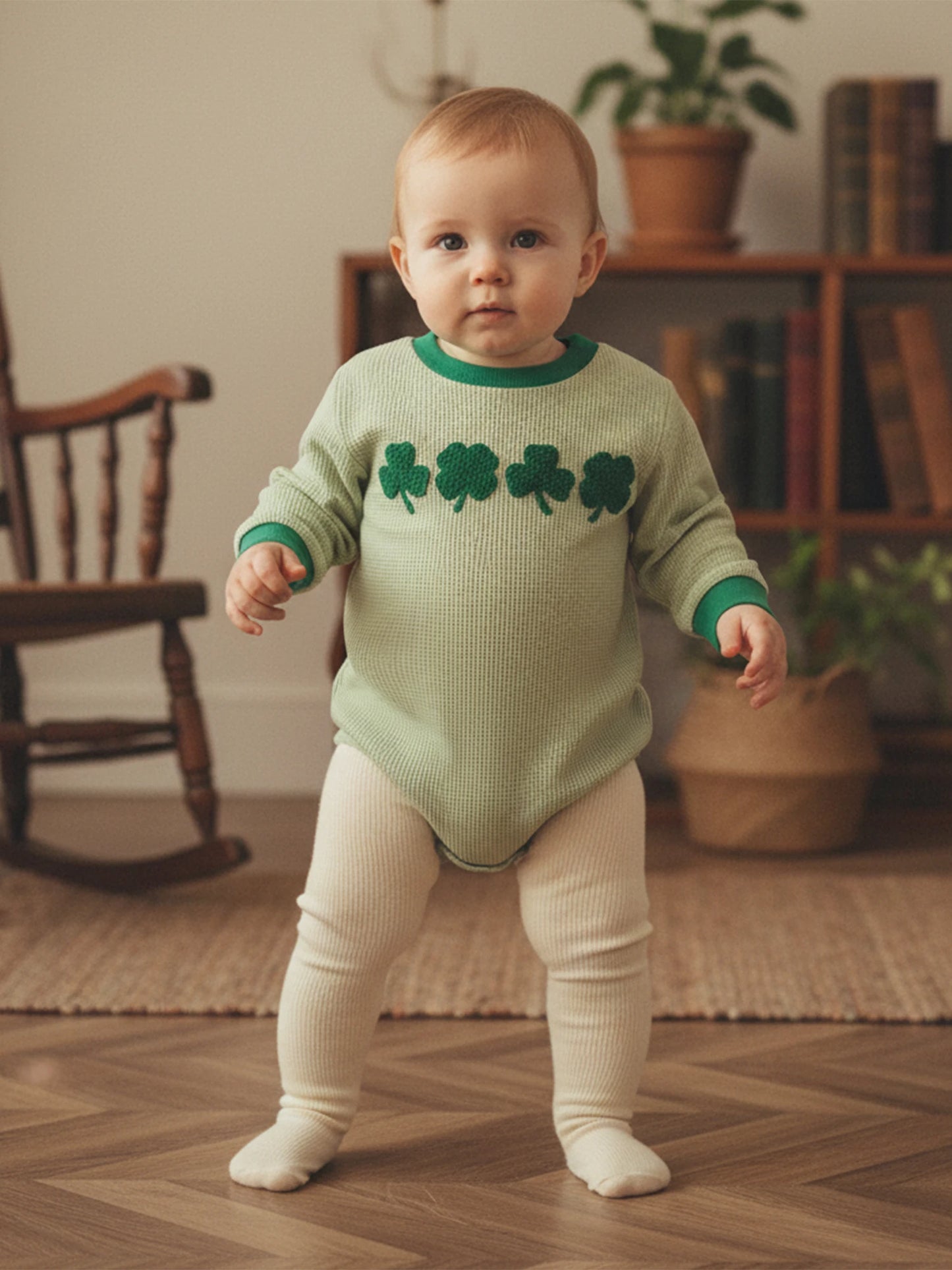 Baby Boys Girls Festival Romper - Shamrock Embroidery Plaid Long Sleeve Jumpsuit