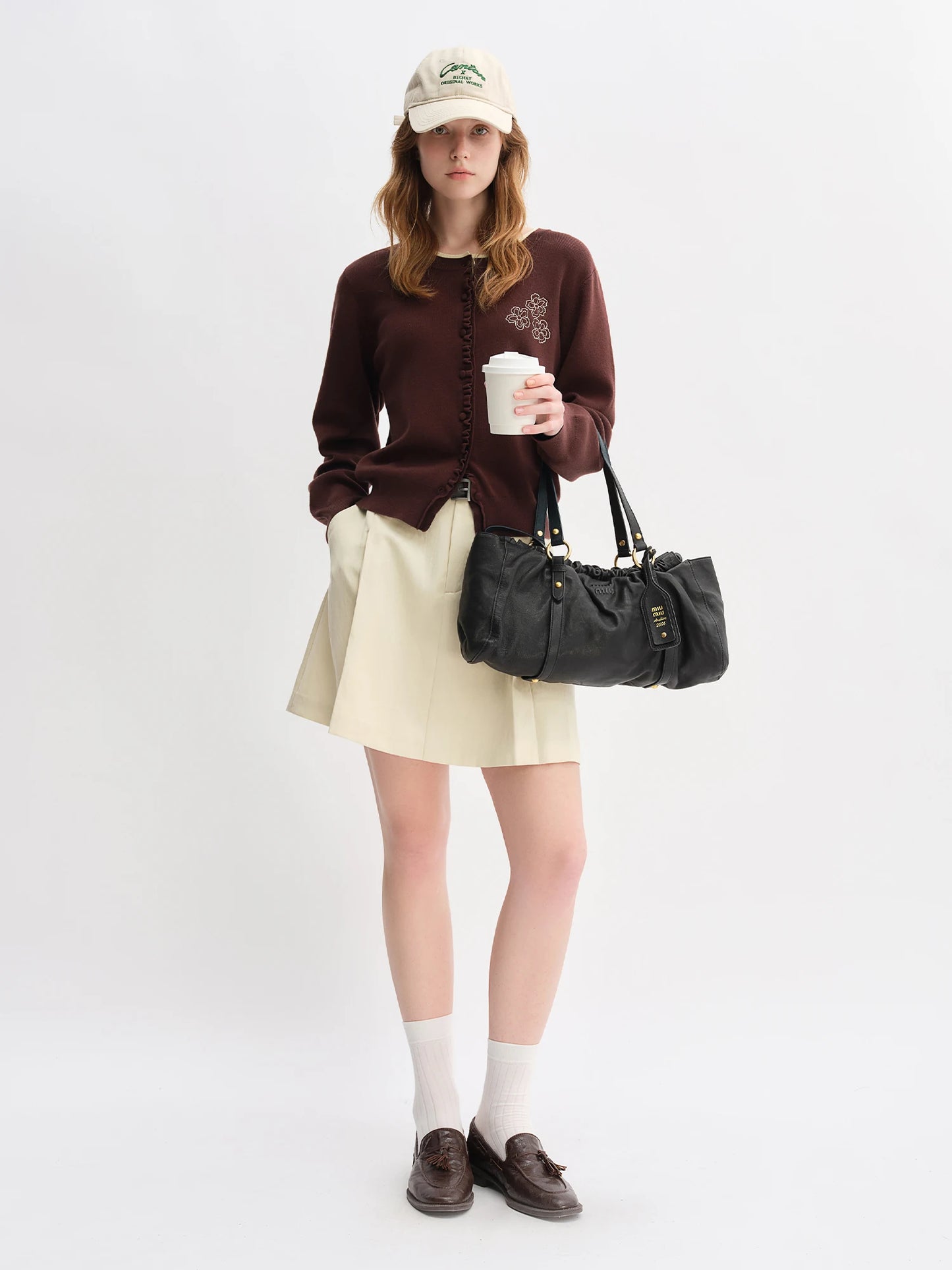 Floral Embroidered Knit Cardigan - Ruffle Trim Loose Fit Cardigan