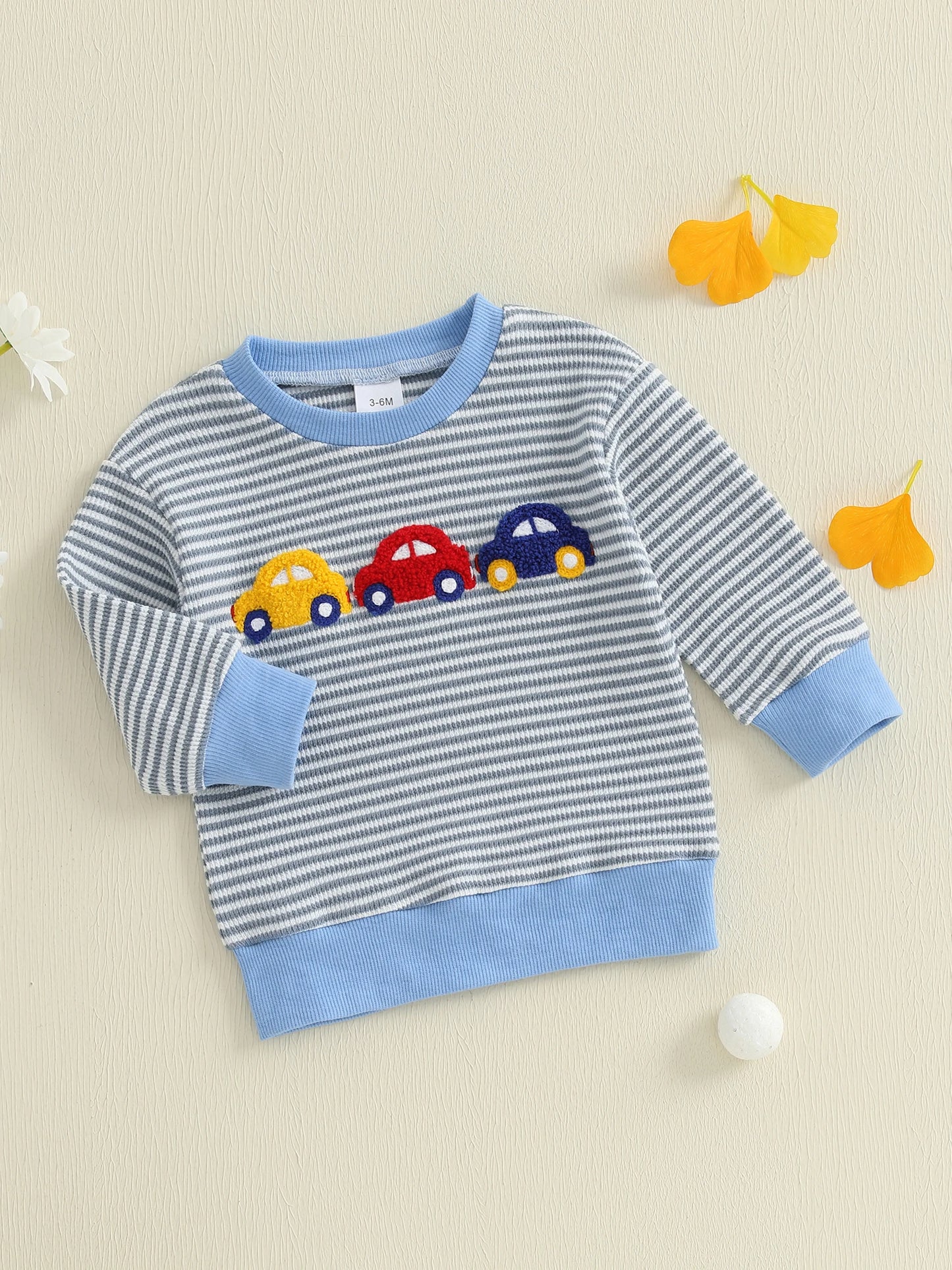 Baby Boys Car/Dinosaur Embroidered Striped Print Pullover Waffle Knit Top