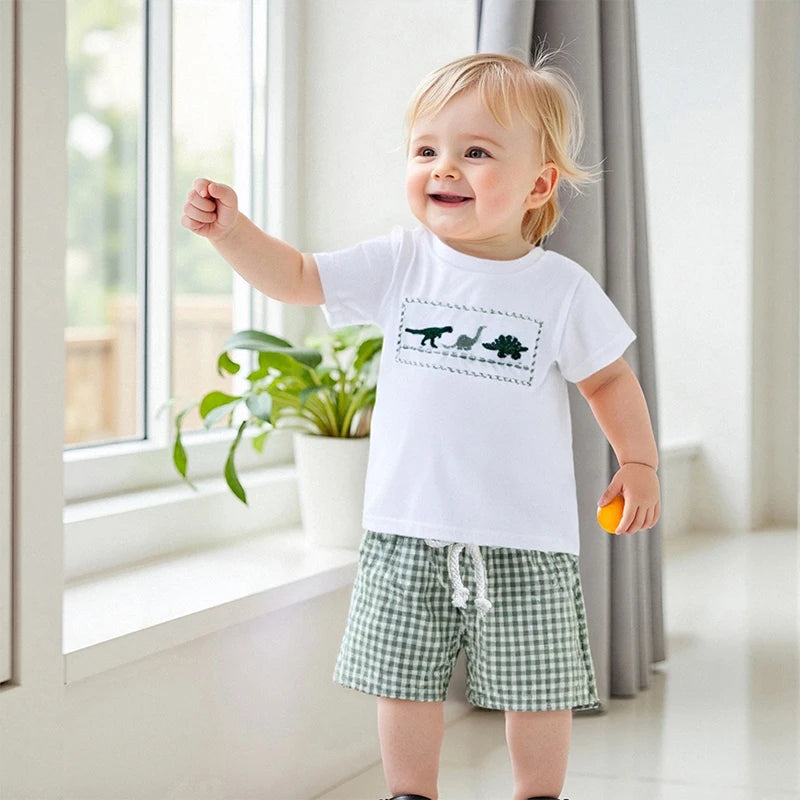 Dinosaur Embroidered T-Shirt & Plaid Shorts Set - Toddler Boys (0-4Y)