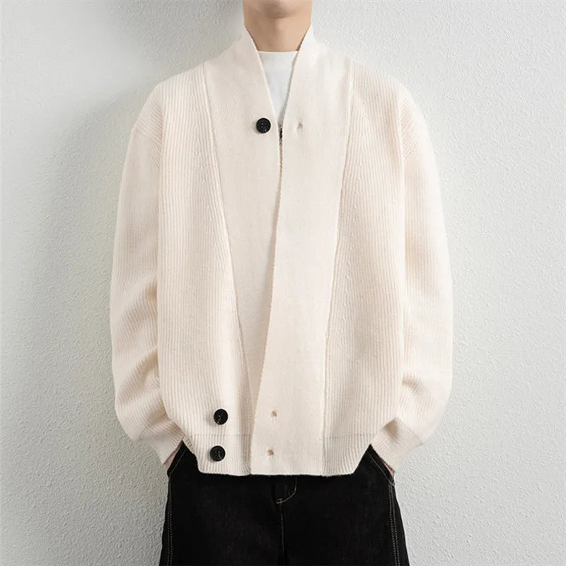 Men's V-Neck Knit Cardigan - Loose Fit Solid Colour Sweatercoat for Spring Autumn