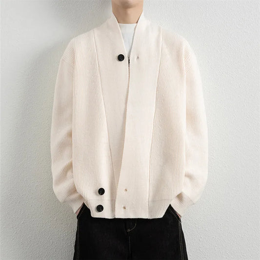 Men's V-Neck Knit Cardigan - Loose Fit Solid Colour Sweatercoat for Spring Autumn