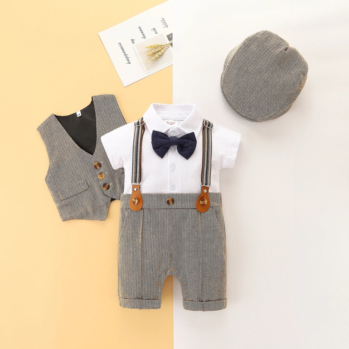 0-24M Baby Boys Gentleman Clothes Set - 3pcs Short Sleeve Patchwork Bow Romper ,Vest Coat and Hat