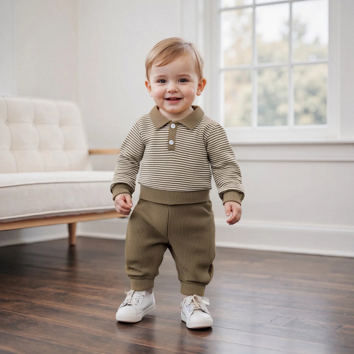 Baby Boys Striped Outfit Set - Long Sleeve Lapel Top with Pants (0-4Y)