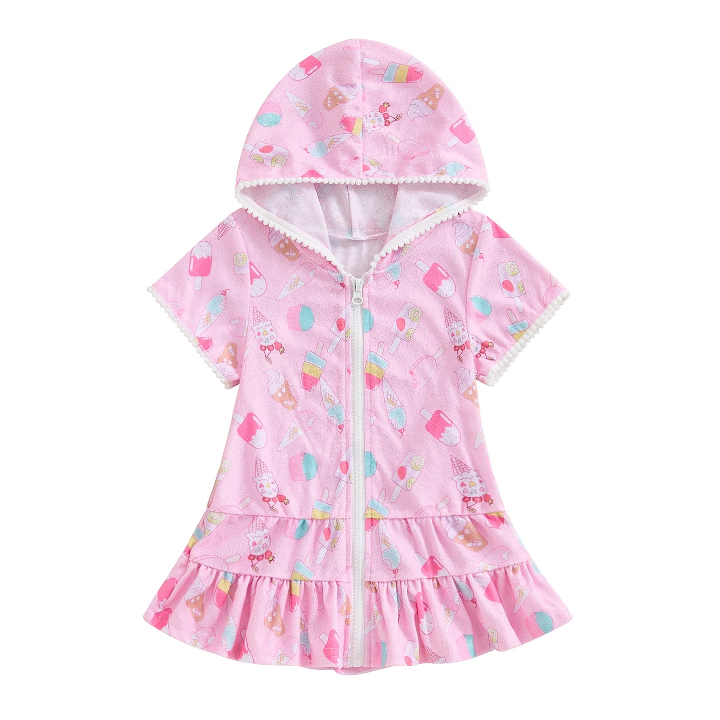 1-8Y Summer Kids Girls Beach Dress Watermelon Flamingo Ice Cream Print Hooded Zipper Closure Swimwear