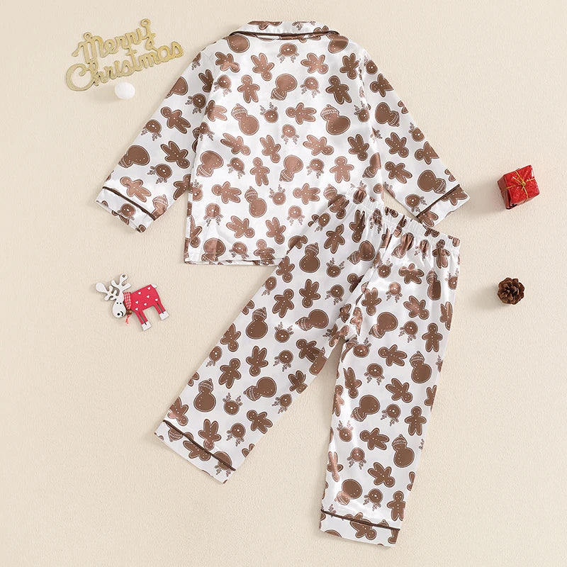 2Pcs Kids Boys Christmas Pyjamas Clothes Sets 2-7Y Long Sleeve Gingerbread Man Print Shirt and Pants