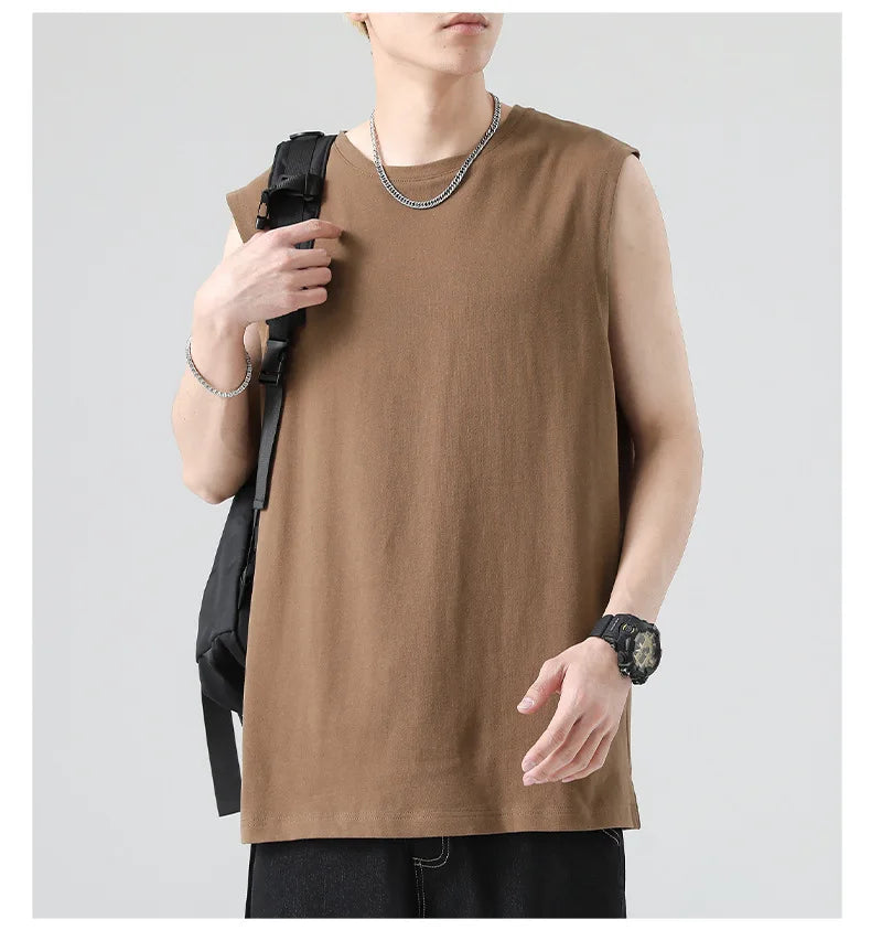 Men's Summer Cotton Sleeveless Loose Vest Sports Comfortable Breathable Round-Neck Tank Top