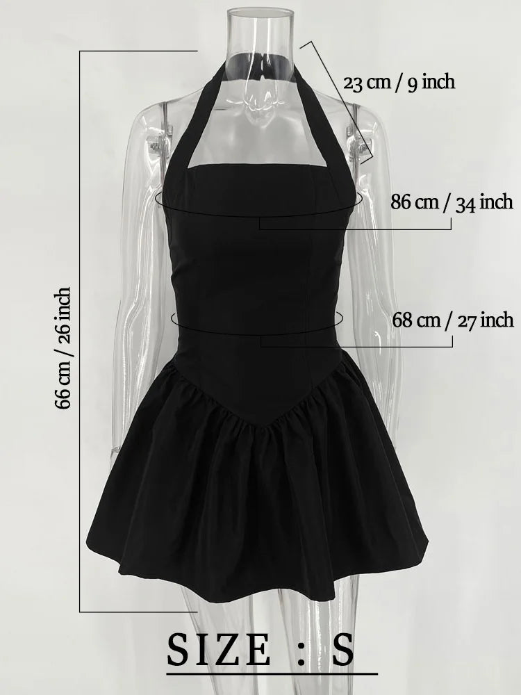 Women's Frill Mini Halter Splice Backless A-Line Hem Lace Up High Waisted  Bodycon Dress