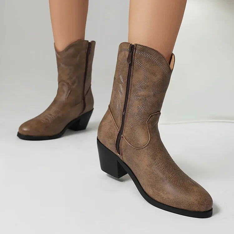 Totem Embroidered Ankle Boots - Pointed Toe Chelsea Boots with 6cm Wedge Heel