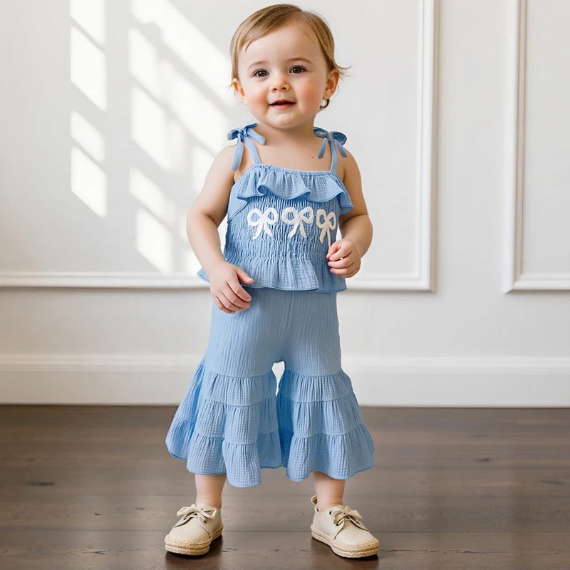 0-6Y Kids Girls Summer Clothes Set Bow Embroidery Tie-Strap Tank Top with Solid Color Flare Pants