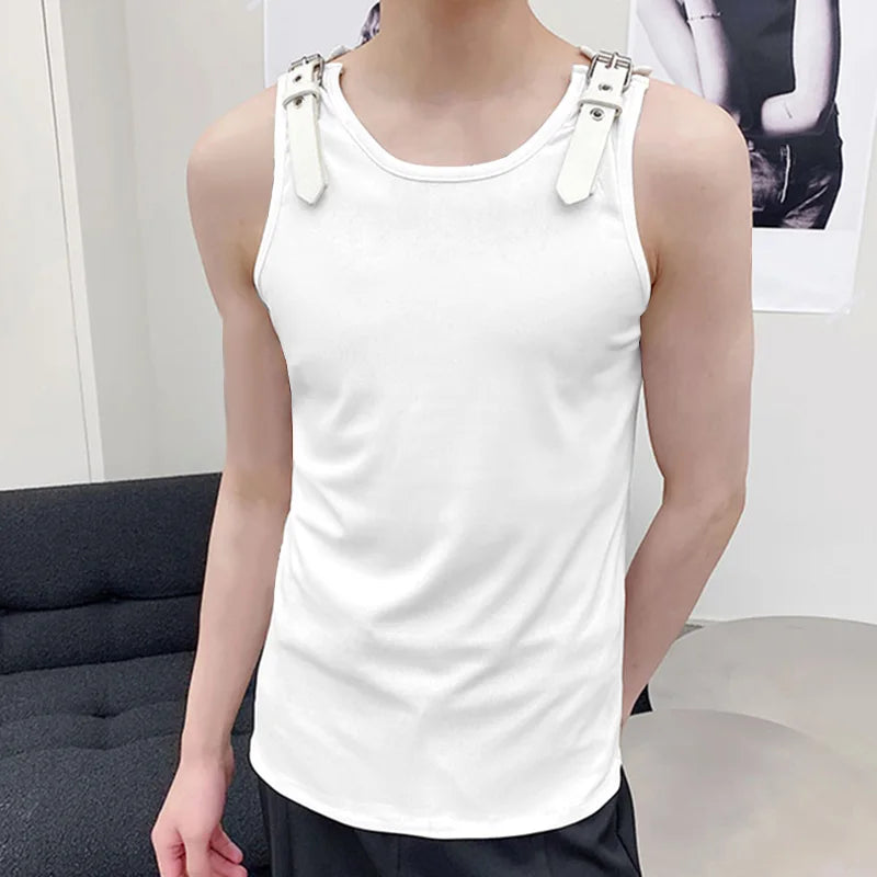 Men's Tank Tops Solid Colour PU Leather Button Sleeveless Round neck Vest