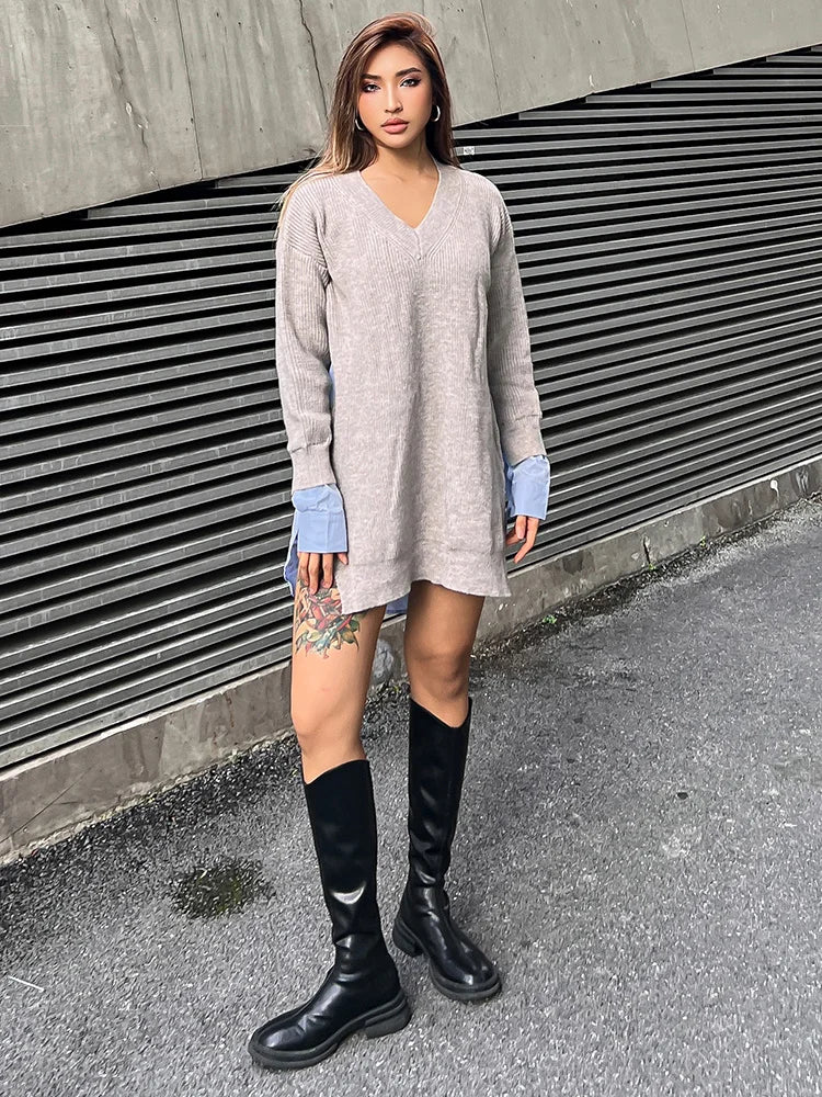 Women's Patchwork  V Neck Long Sleeve Loose Straight Knitting Pullover Sweater Shirt Dress