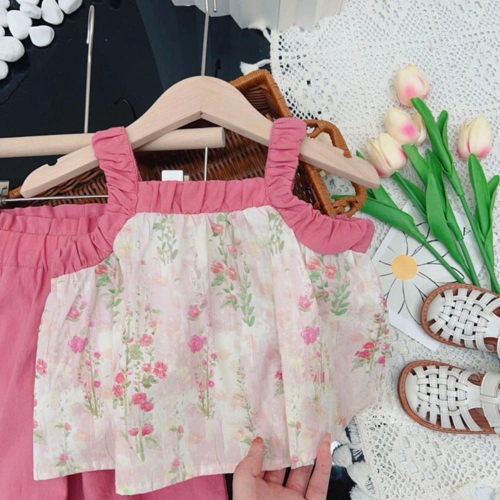 Girl's Pink Flower Camisole Top and wide Leg Pants Two-piece Set Summer 3-7 Years Old