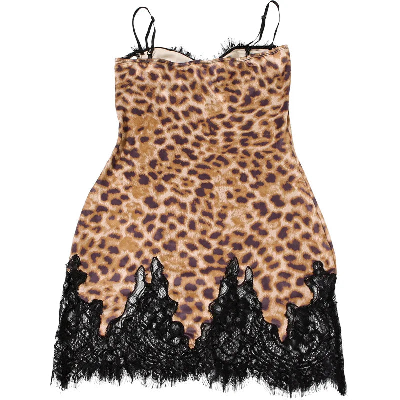 Women's Leopard Lace Sheer Mini Dress - Backless Slip Bodycon Sleepwear