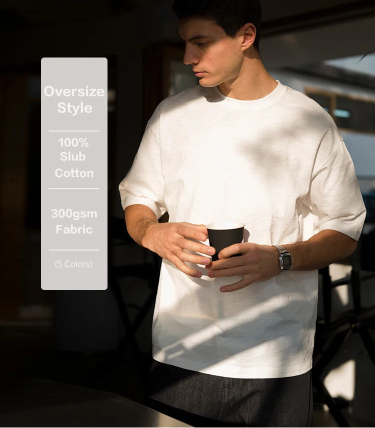 Heavyweight 300gsm Slub Cotton Oversized T-Shirt with Letter Embroidery