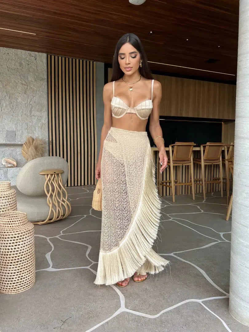 Women's 3-Piece Solid Bikini Set - Padded Bra, Tassel High Waist & Beach Skirt