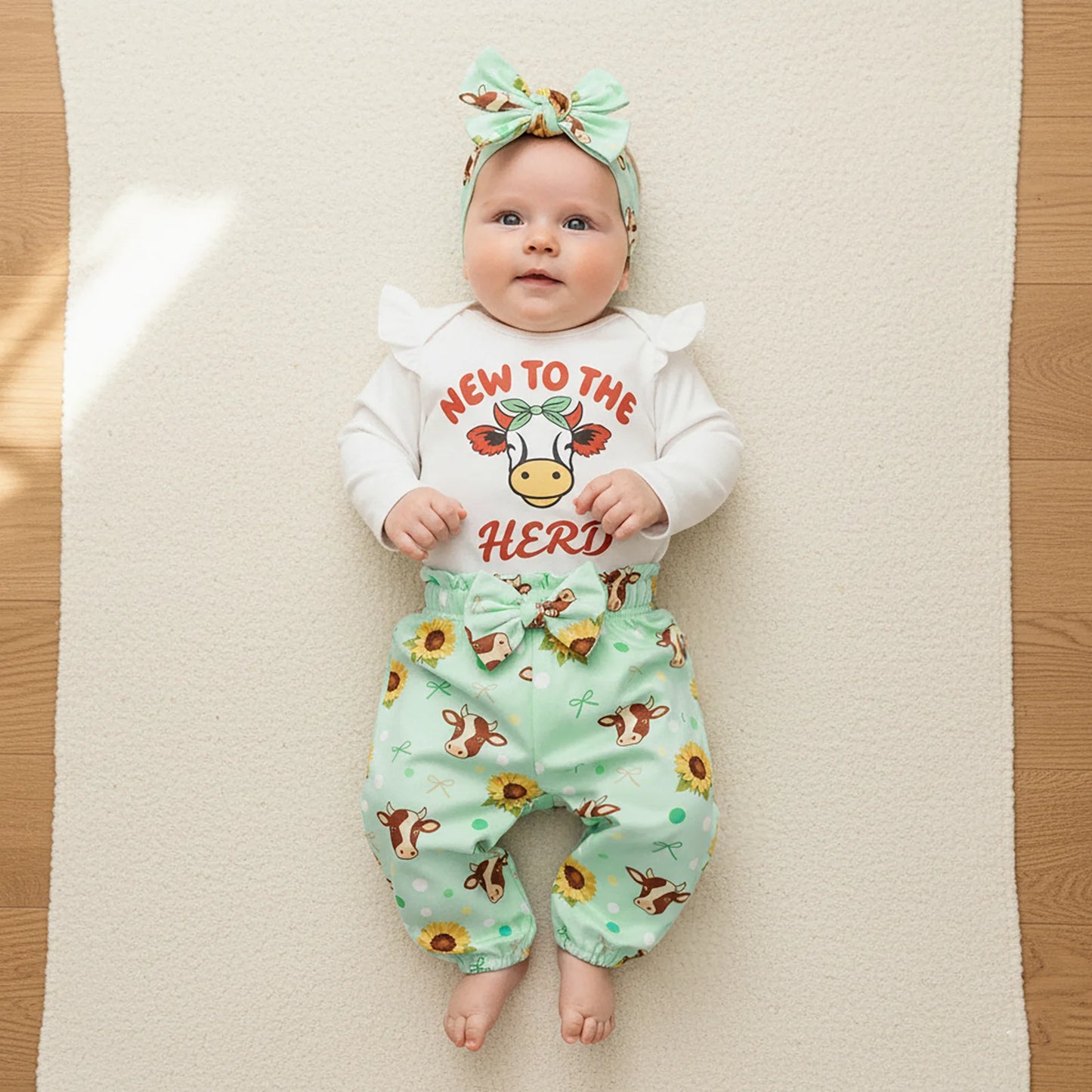 Baby 3-Piece Outfit Set - Cow Print Letter Romper, Pants & Headband