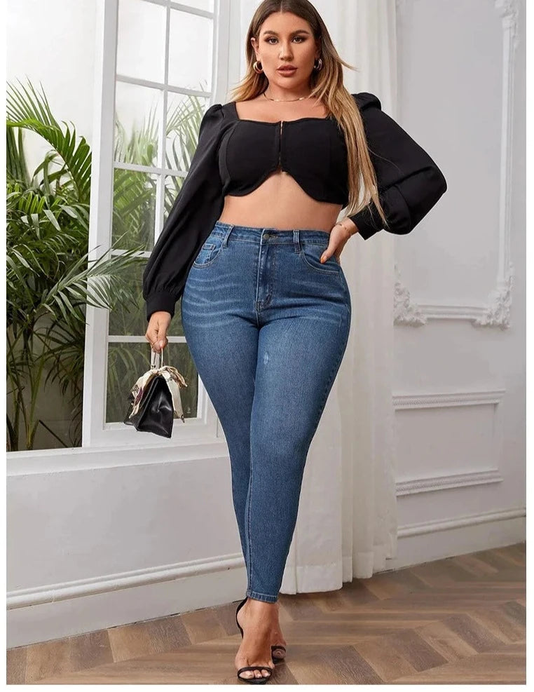 Plus size Jeans - Women full length high waist stretchy stretchy Jeans