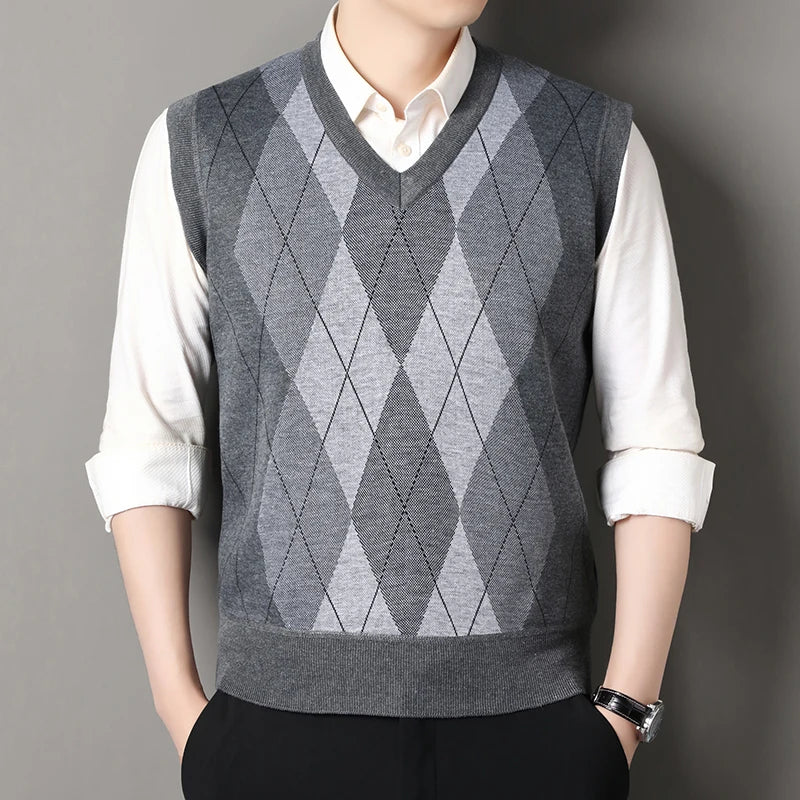 Autumn Winter Argyle Plaid Knit Vest - Fleece Sleeveless Waistcoat