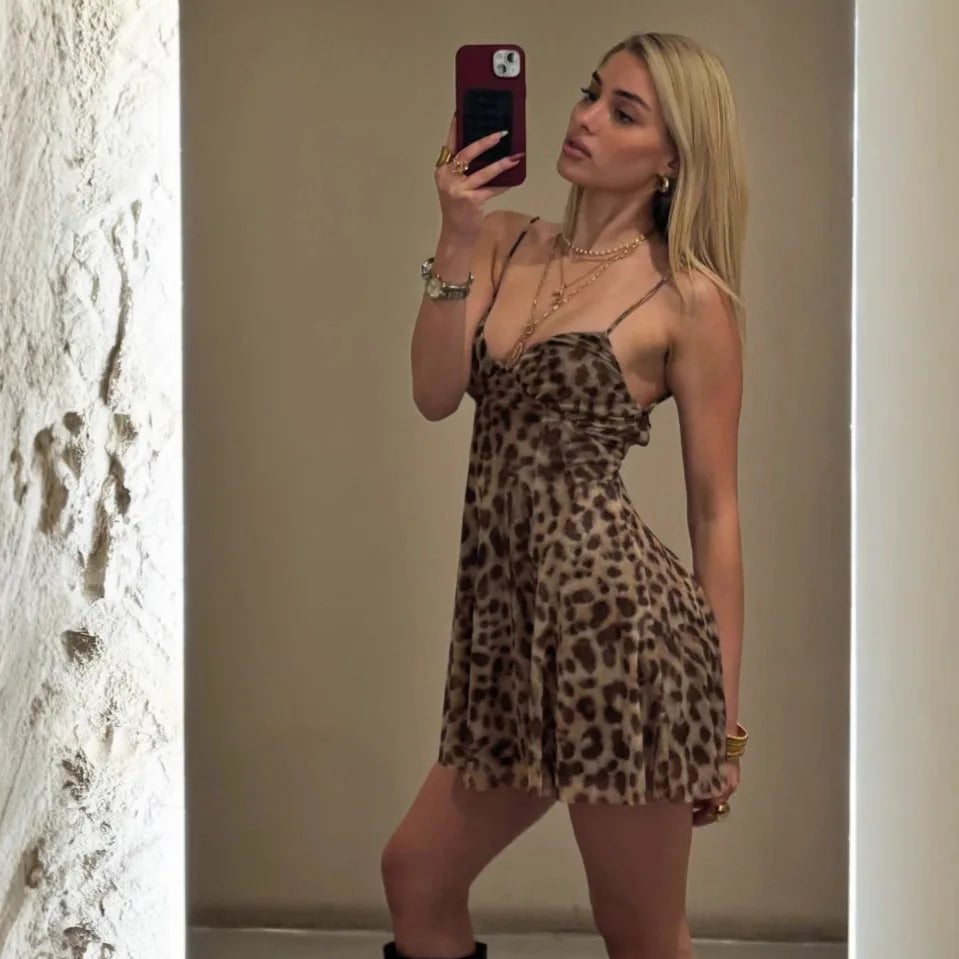 Women's Leopard Print Backless Mini Dress - V Neck Mesh Slip Coquette Summer Dress