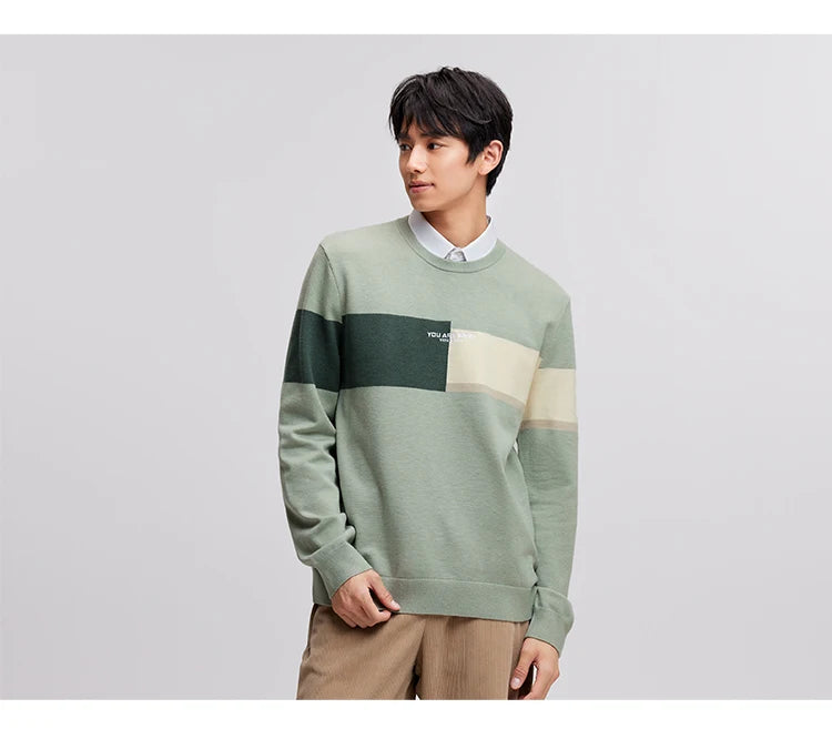 Men's Color Block Knit Sweater - Thermal Embroidered Pullover Winter Style