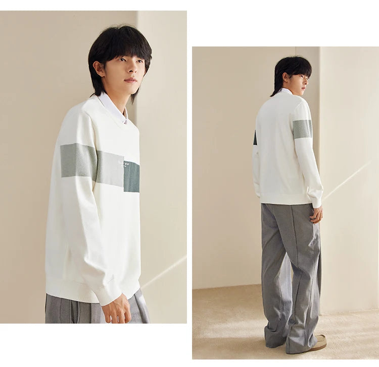 Men's Color Block Knit Sweater - Thermal Embroidered Pullover Winter Style