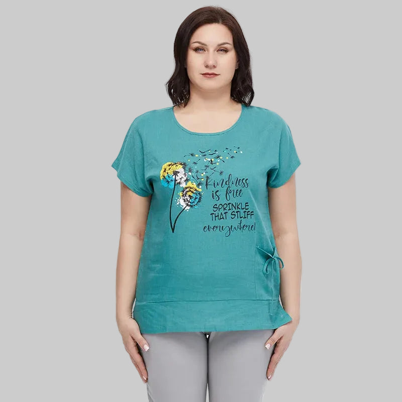 Women's Oversized Cotton Linen Floral Print T-Shirt – Short Sleeve