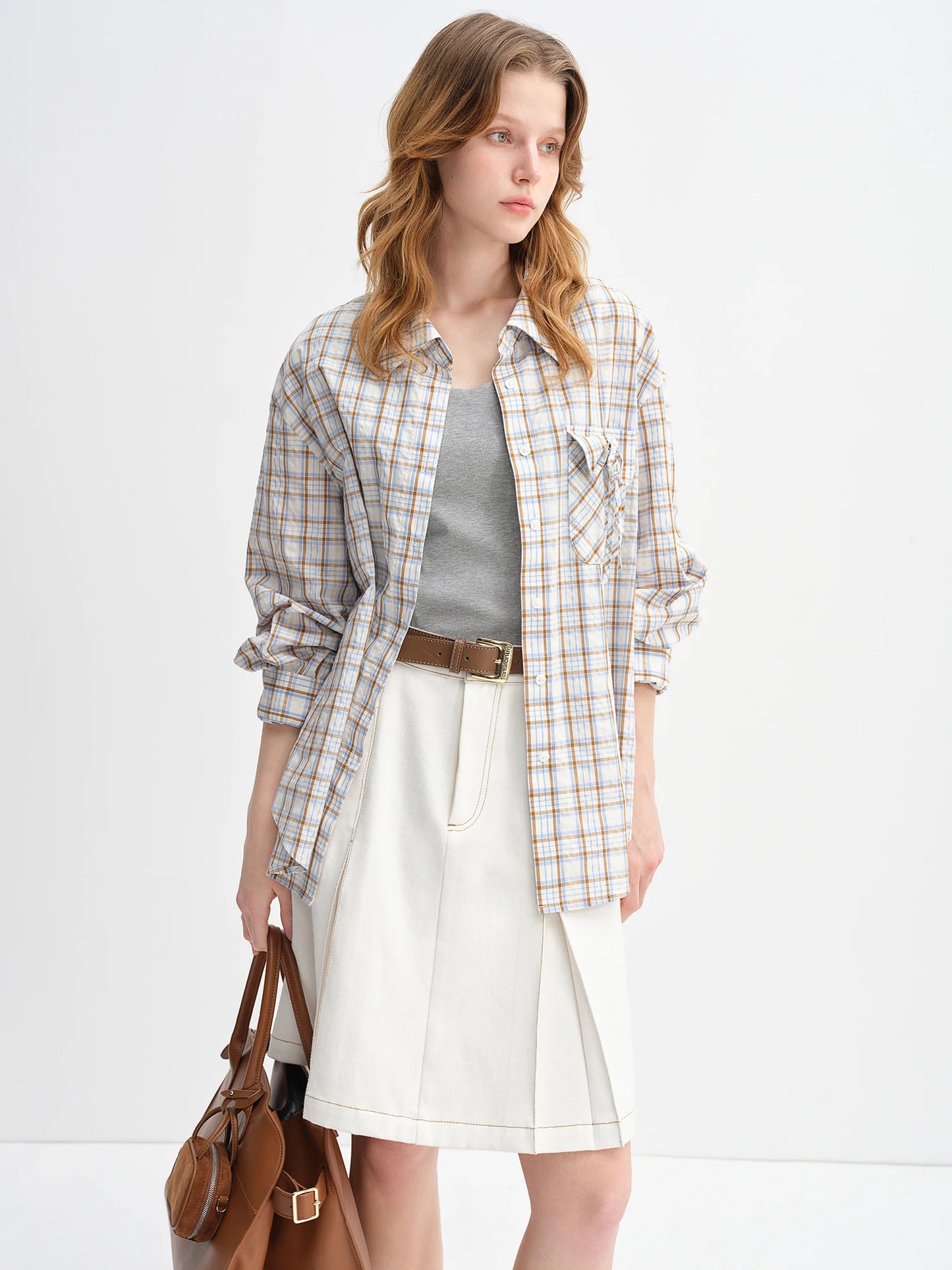 Plus Size Plaid Collar Shirt - Drawstring Pocketed Casual Top
