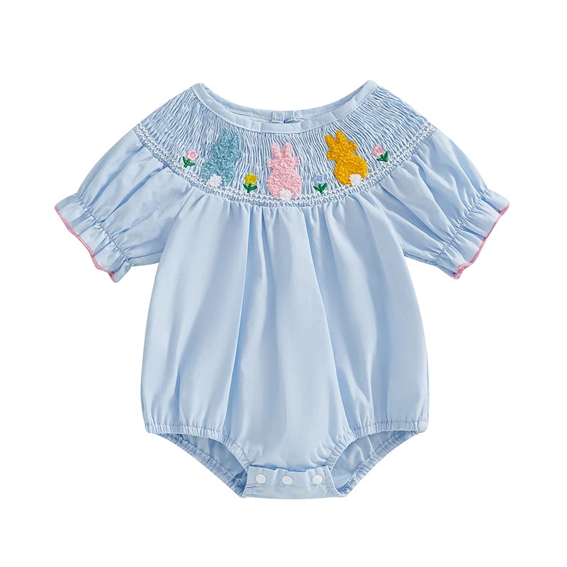 Baby Girls Easter Romper - Ruffled Sleeve Rabbit Embroidery Smocked Jumpsuit