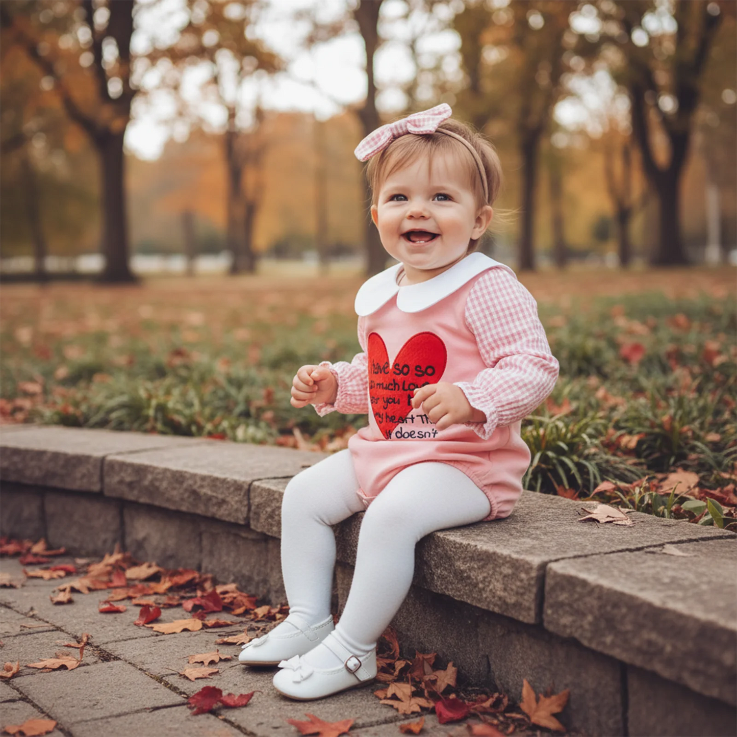 Baby Girls Boys Valentine's Day Letter Heart Embroidery Plaid Long Sleeve Doll Collar Romper