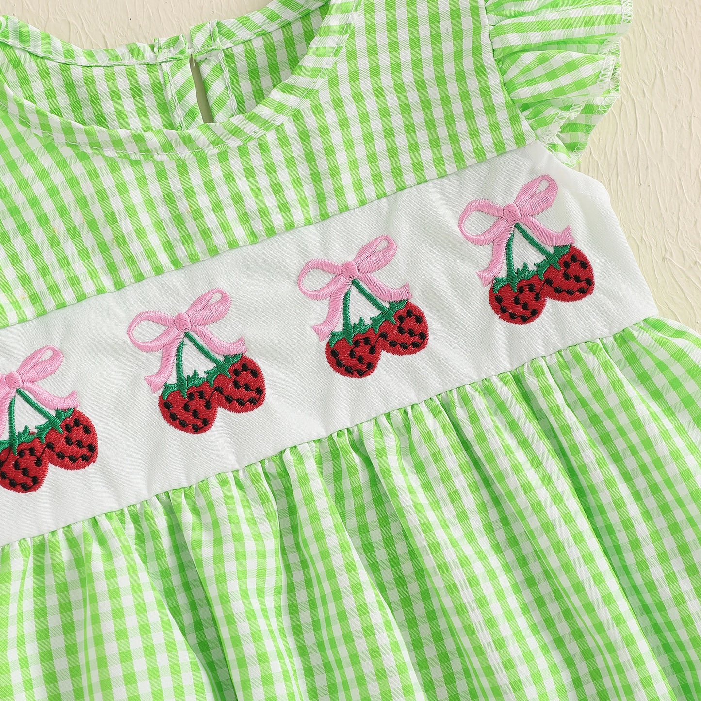 Baby Fruit Embroidery Romper - Ruffles Fly Sleeves Plaid Print Jumpsuit (0-18M)