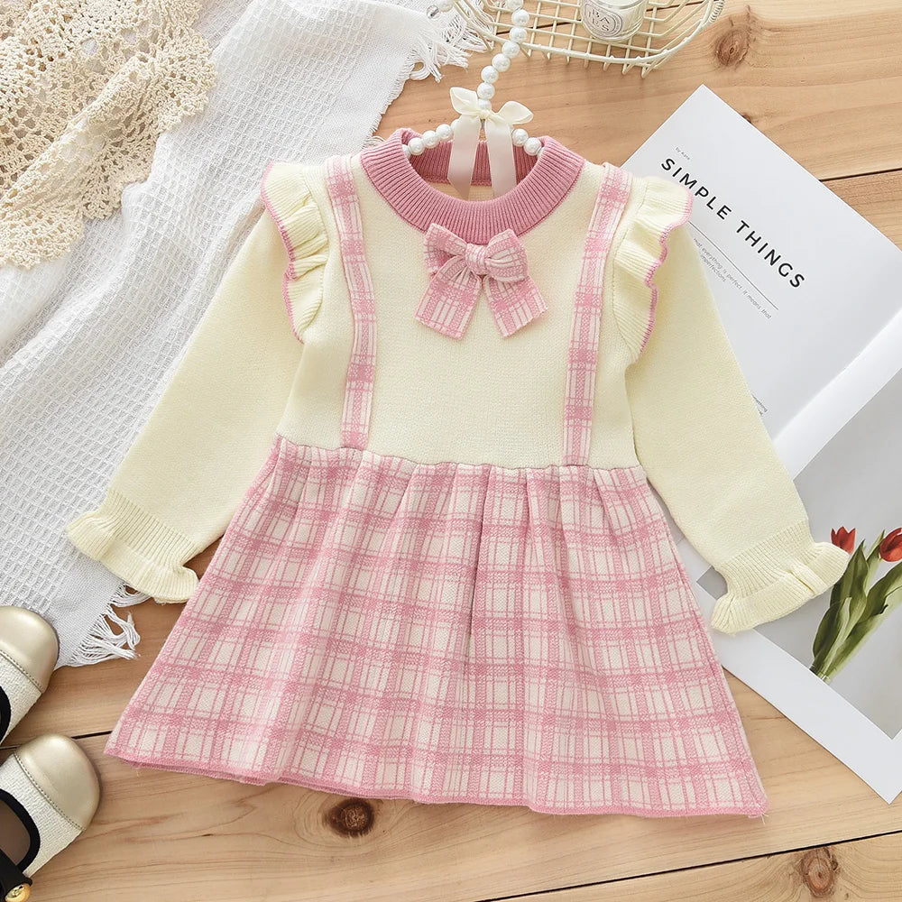 Girl's Long Sleeved Round Neck  with Checkered Bow Patchwork Dress