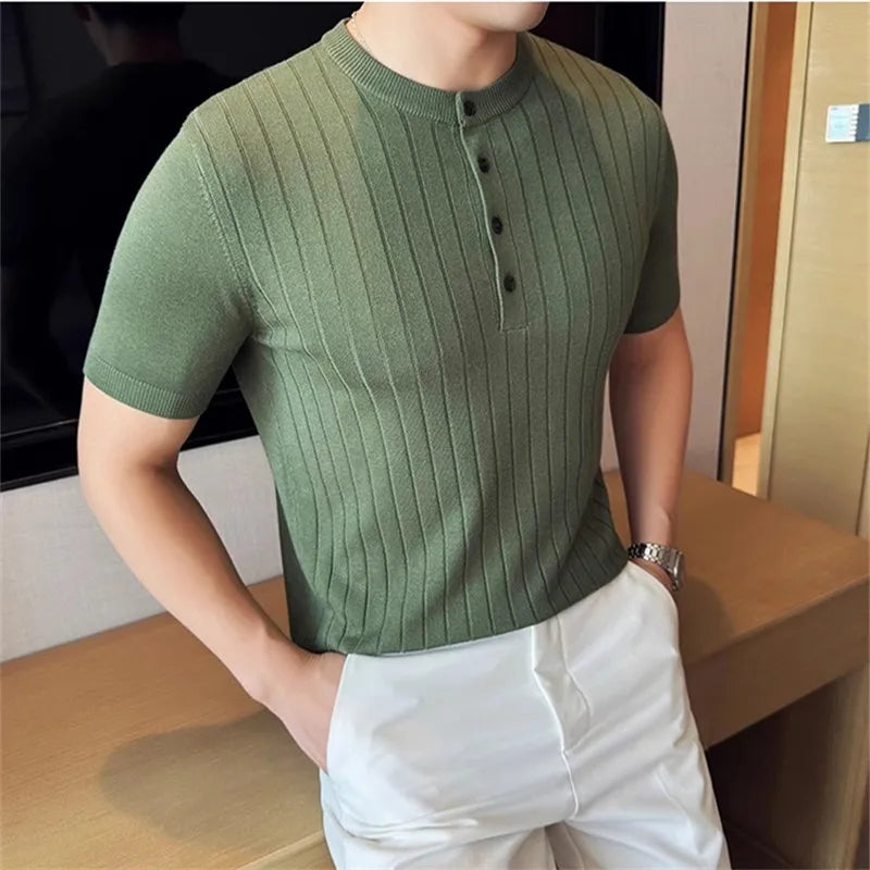 Men's Summer knitted Polo Short Sleeve Smart Casual Henry Collar Slim Fit Knit Shirt