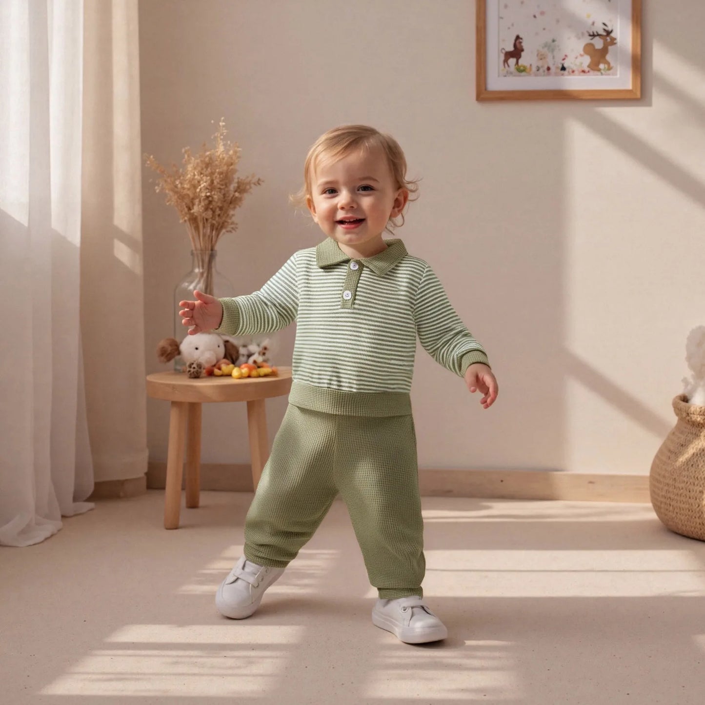 Baby Boys Striped Outfit Set - Long Sleeve Lapel Top with Pants (0-4Y)