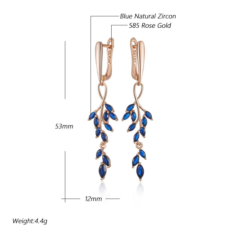 Women 585 Rose Gold Colour Blue Natural Zircon Leaf Shape Long Dangle Earrings