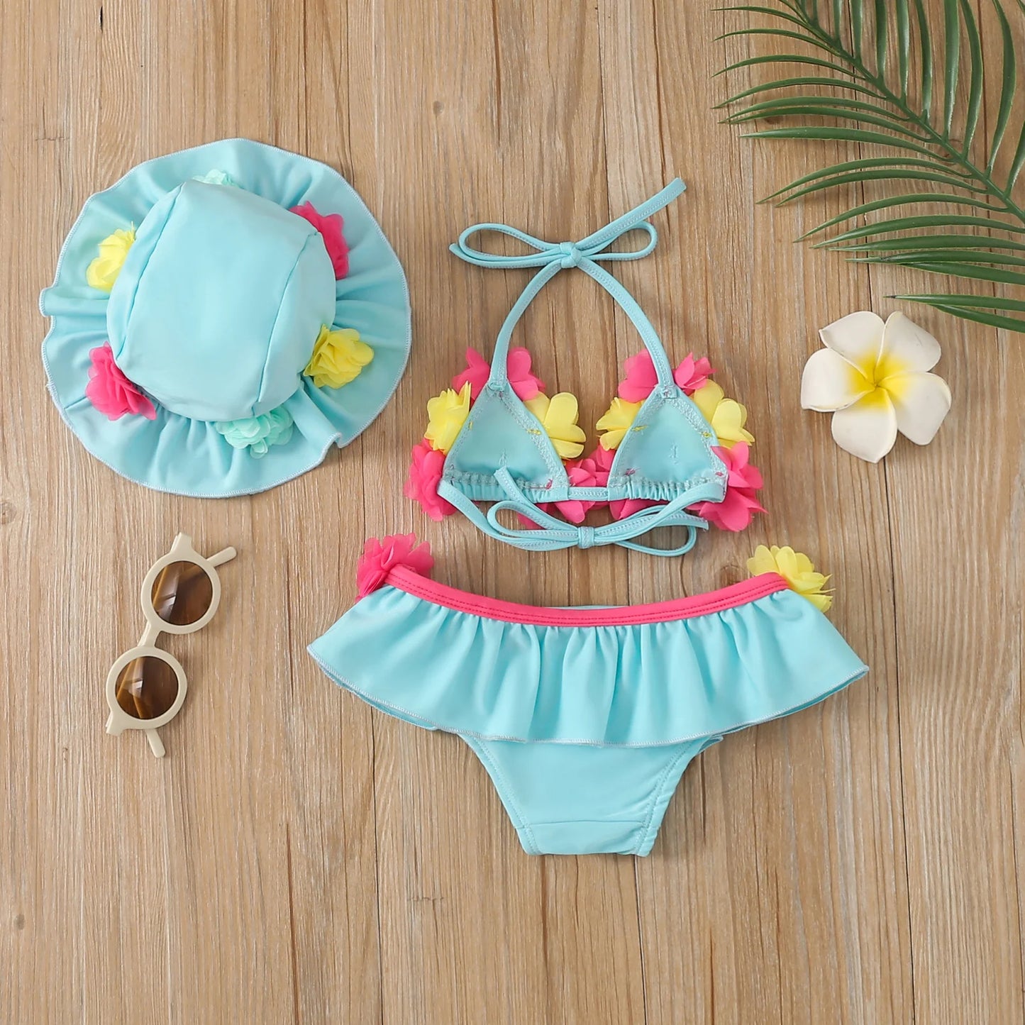 0-24M Summer Baby Girls Bikini Set - 3pcs Flowers Strap Sleeveless Vest and Shorts Sun Hat Swimsuits