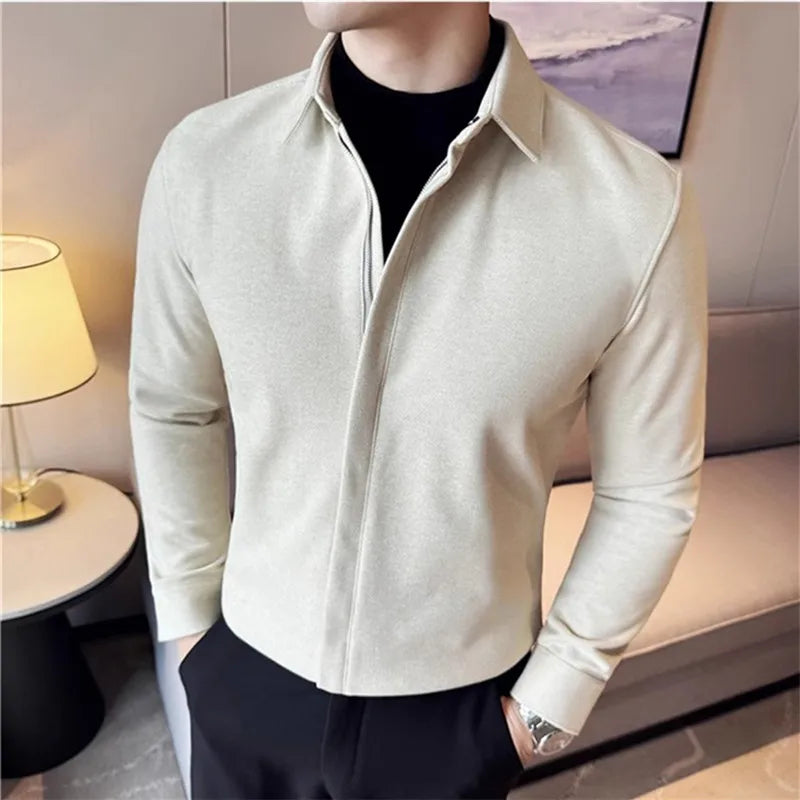 Men's Winter Thick Woolen Zipper Solid Color Turn Down Collar Warm Casual Shirt