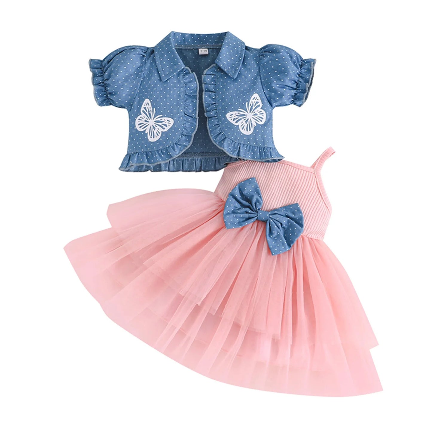 0-4Y Toddler Little Girls Summer Clothes Sets Butterfly Print Short Puff Sleeve Cardigan Tulle Strap Bow A Line Dress