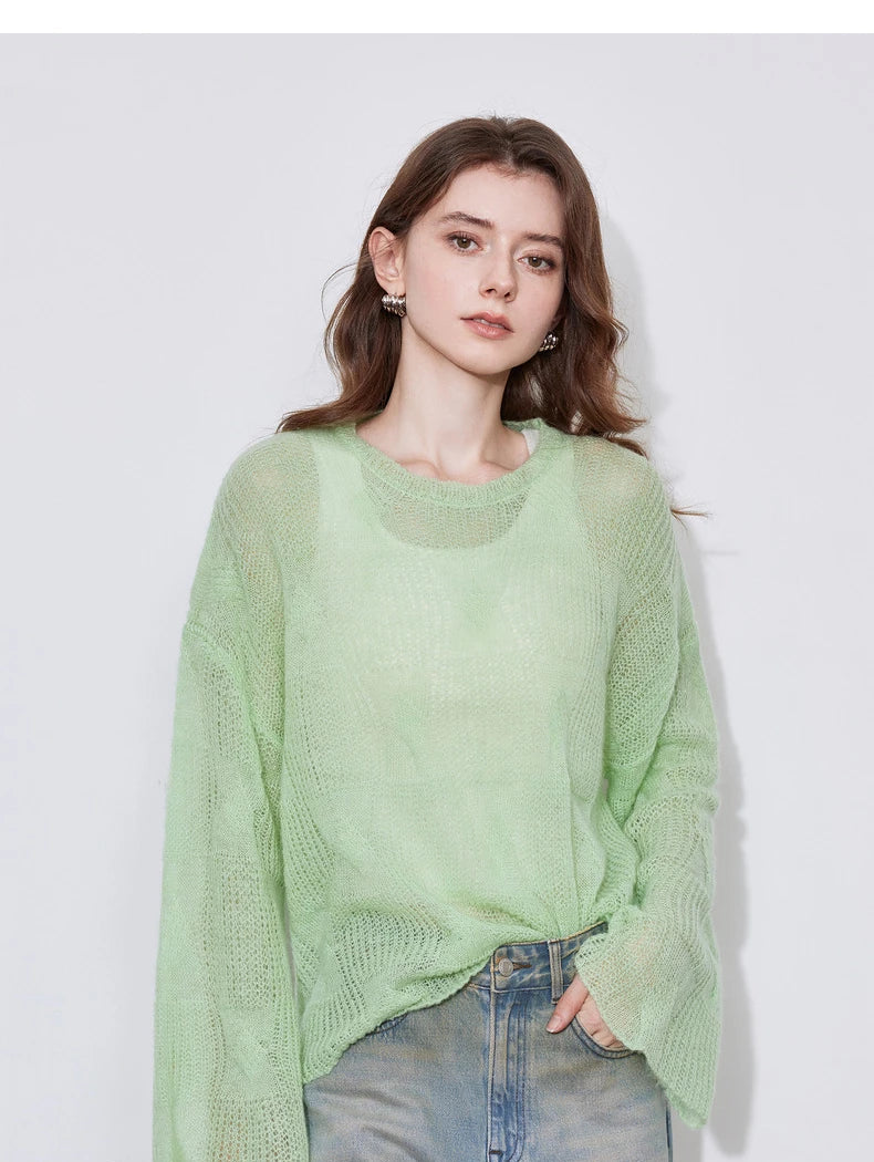 Women's Knitted Thin Hairy Soft Glutinous Green Grass Pullover Sweater