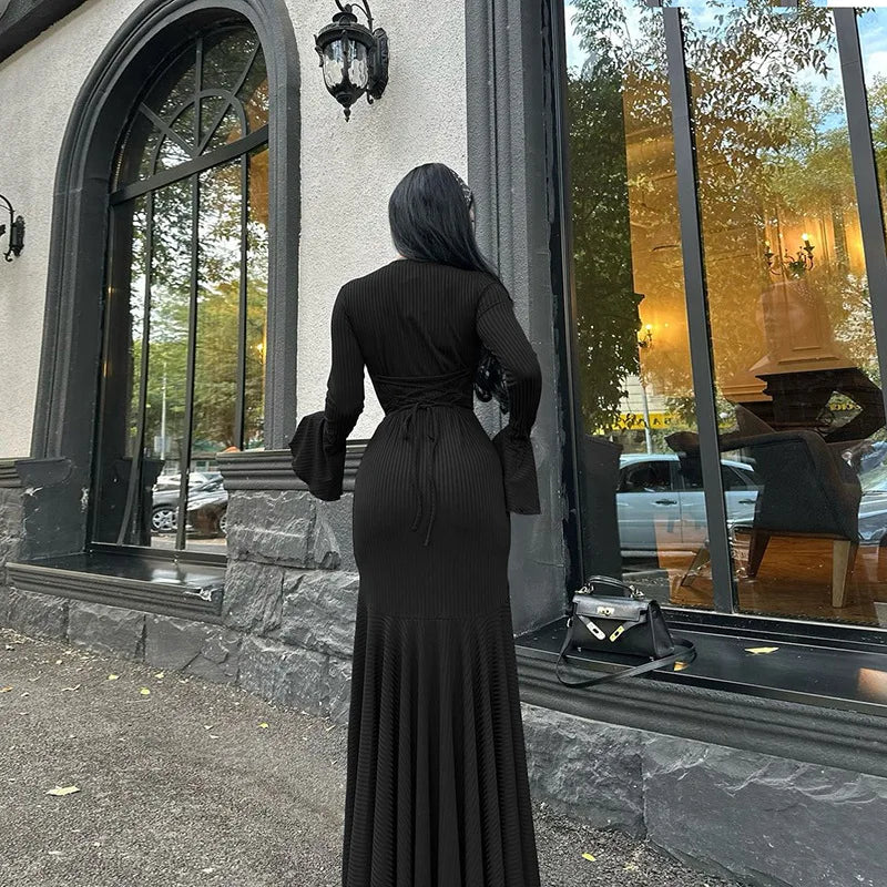 Women's Bandage Long Sleeve Casual Outfits Elegant Frill Ribbed Maxi Dress