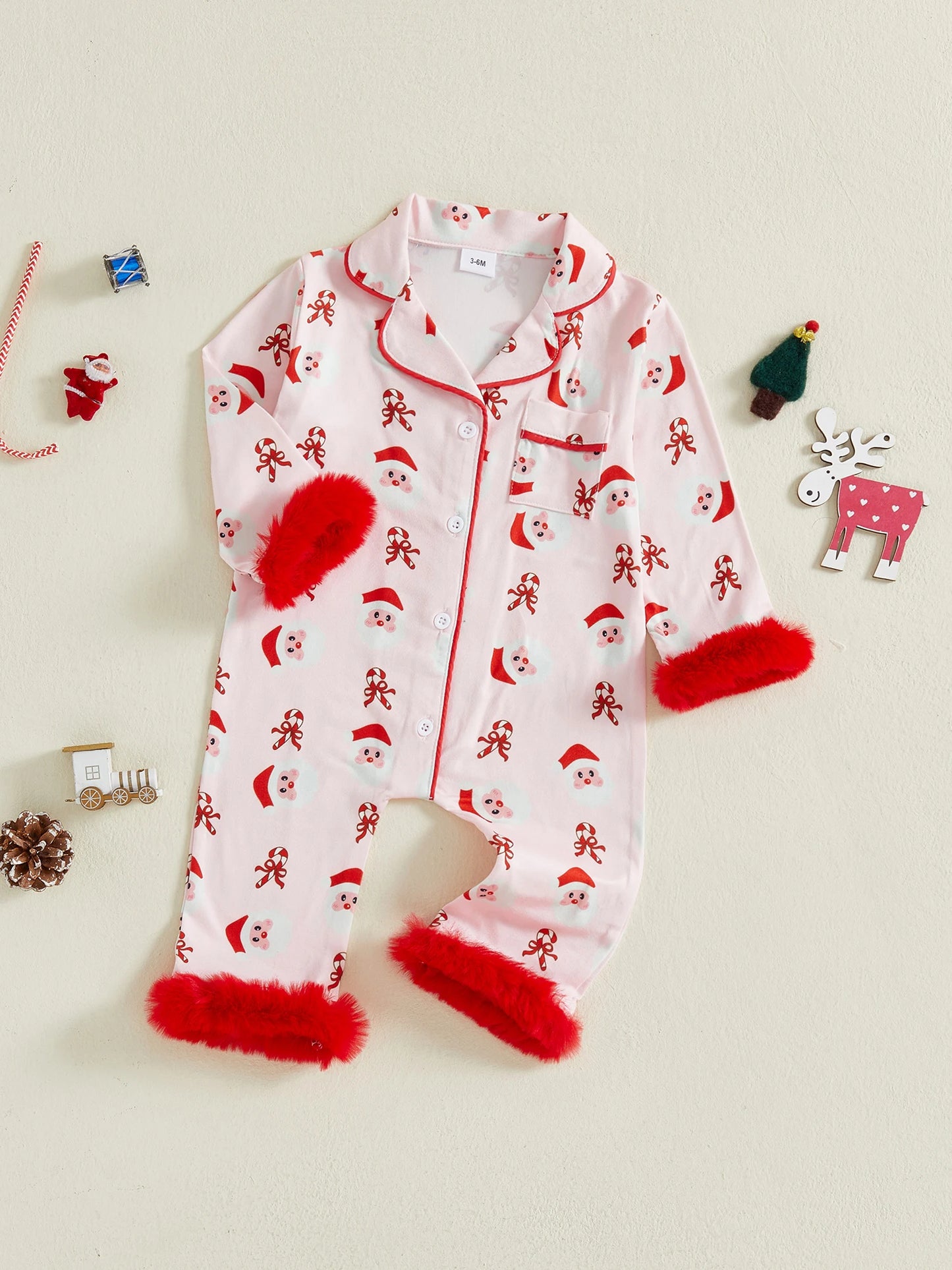 Lovely Baby Girls Christmas Pajama Jumpsuit - Santa Claus & Candy Cane Print (0-24M)