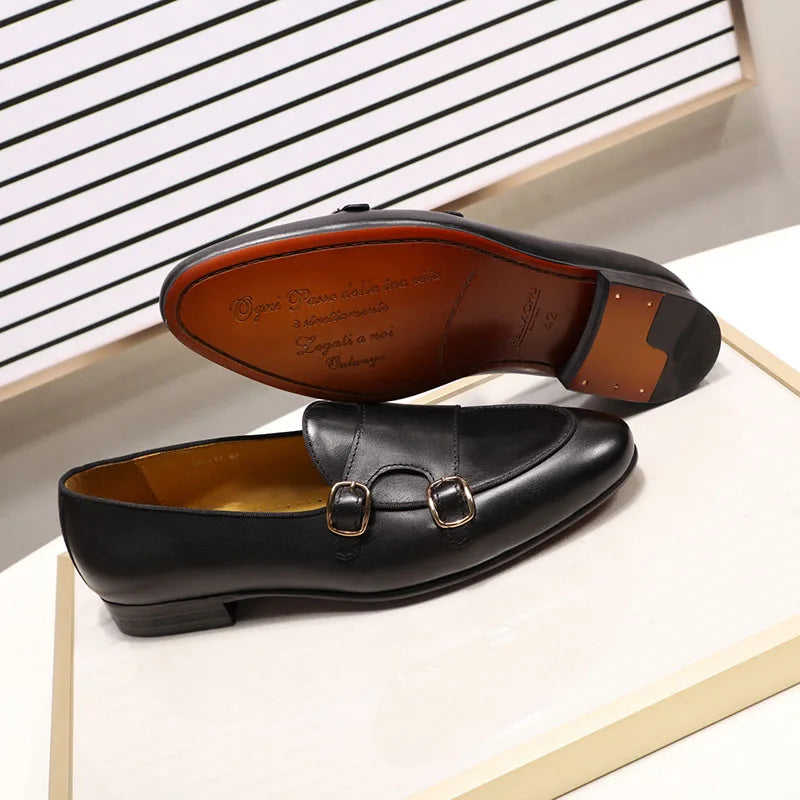 Men's Genuine Leather Loafers Handmade Monk Strap Shoes