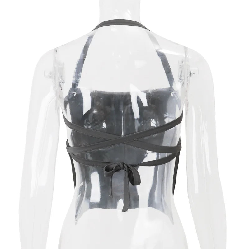 Women's Grey Bandage Halter Crop Top - Backless Summer Club Top