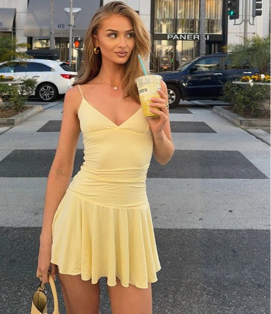 Women's Plunge V Neck Slip Mini Party Club Outfits Backless Yellow A-Line Short Dress