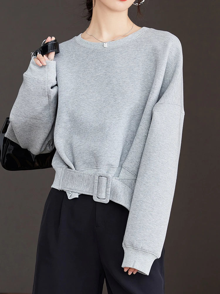 Women Plain Long Sleeve Belt Waist Loose Casual Oversize Pullover Jumper Sweatshirt