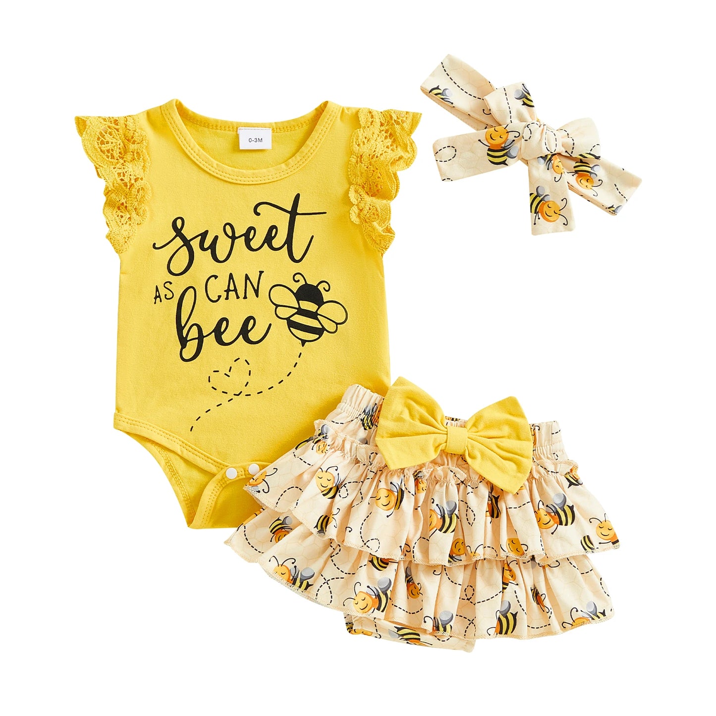 0-18M Baby Girls Summer Clothes Sets Flying Sleeves Letter Fruit Print Romper Tiered Ruffled Shorts with Headband