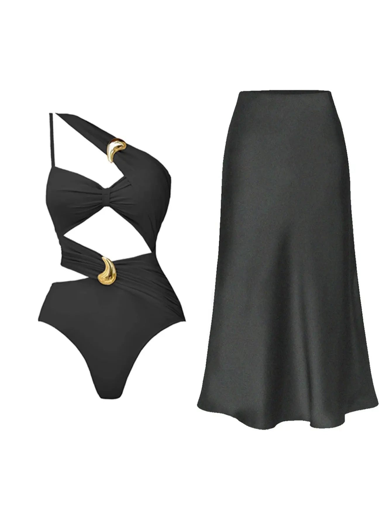 Women's Cut-Out V-Neck Two Piece Swimwear Set with Skirt - Versatile Beach Wear