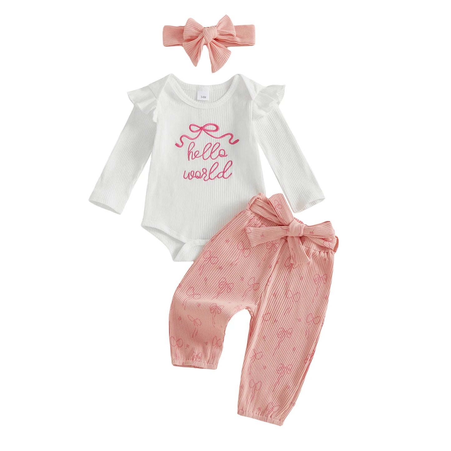 Newborn Baby 4-Piece Outfit Set - Long Sleeve Romper, Pants, Belt & Headband
