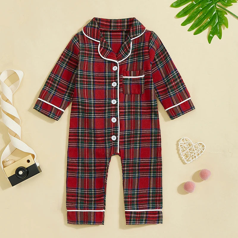 Baby Plaid Pajama Romper - Turn Down Collar Long Sleeve Bodysuit