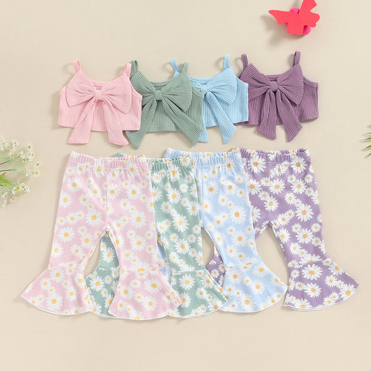 0-4Y Toddler Girls Summer Clothes Sets  - 2pcs Solid Colour Ribbed Bowknot Cami Tops Tank Sunflowers Flare Trousers